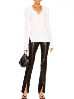 HELMUT LANG White Ribbed Knit Long Sleeve Polo Top Collared Vneck Split Hem SM